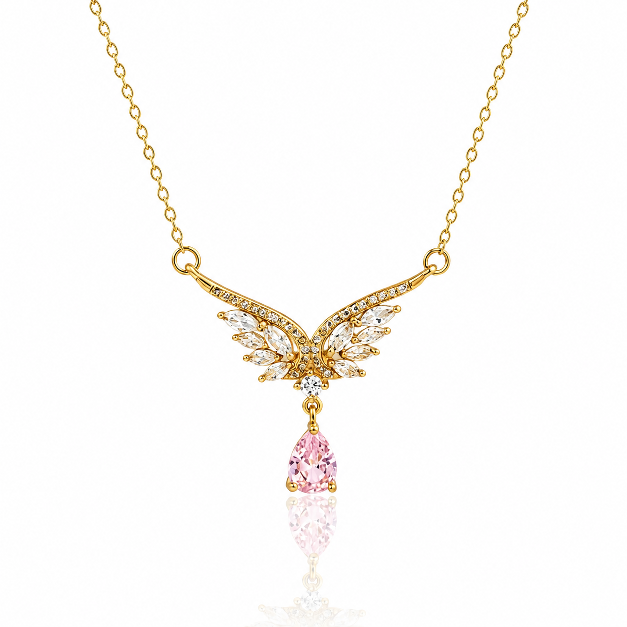 Elegant gold angel wing necklace with pink zirconia