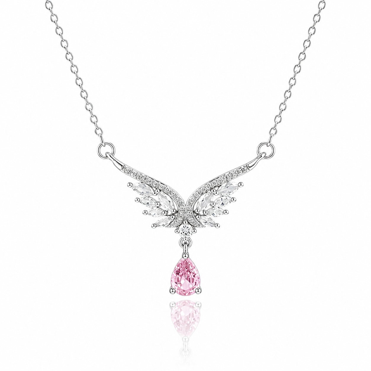 Silver angel wing necklace with pink diamond pendant