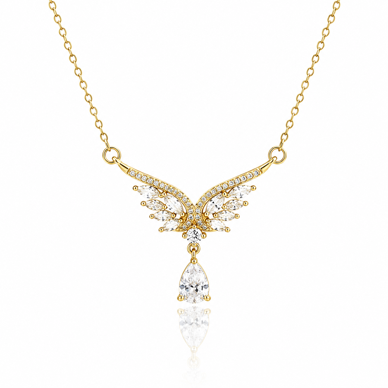 Gold angel wing necklace with silver zirconia pendant