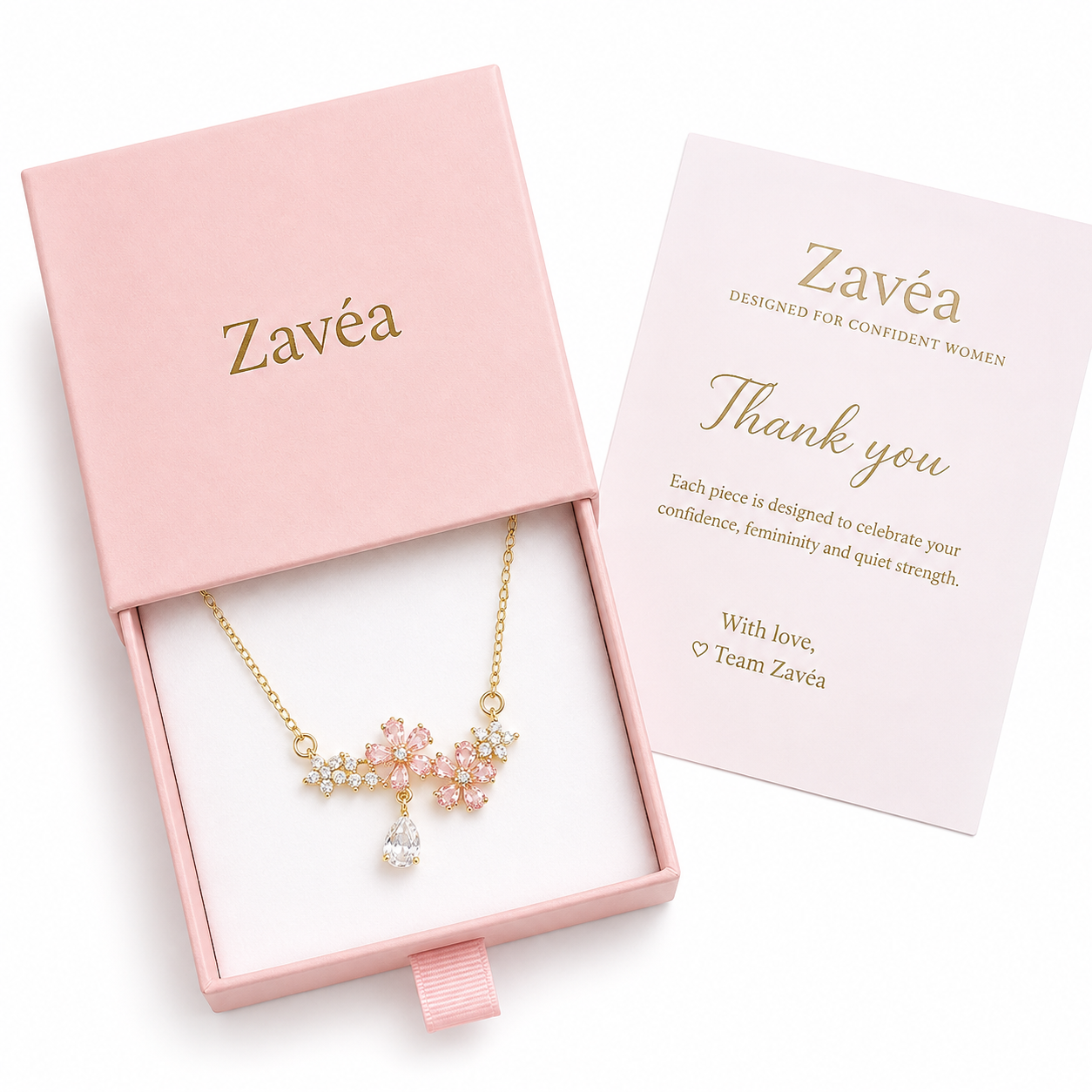 Blossé Necklace in luxury pink jewelry gift box – gold floral necklace with pink crystals, pear-cut pendant, 18K gold plated stainless steel