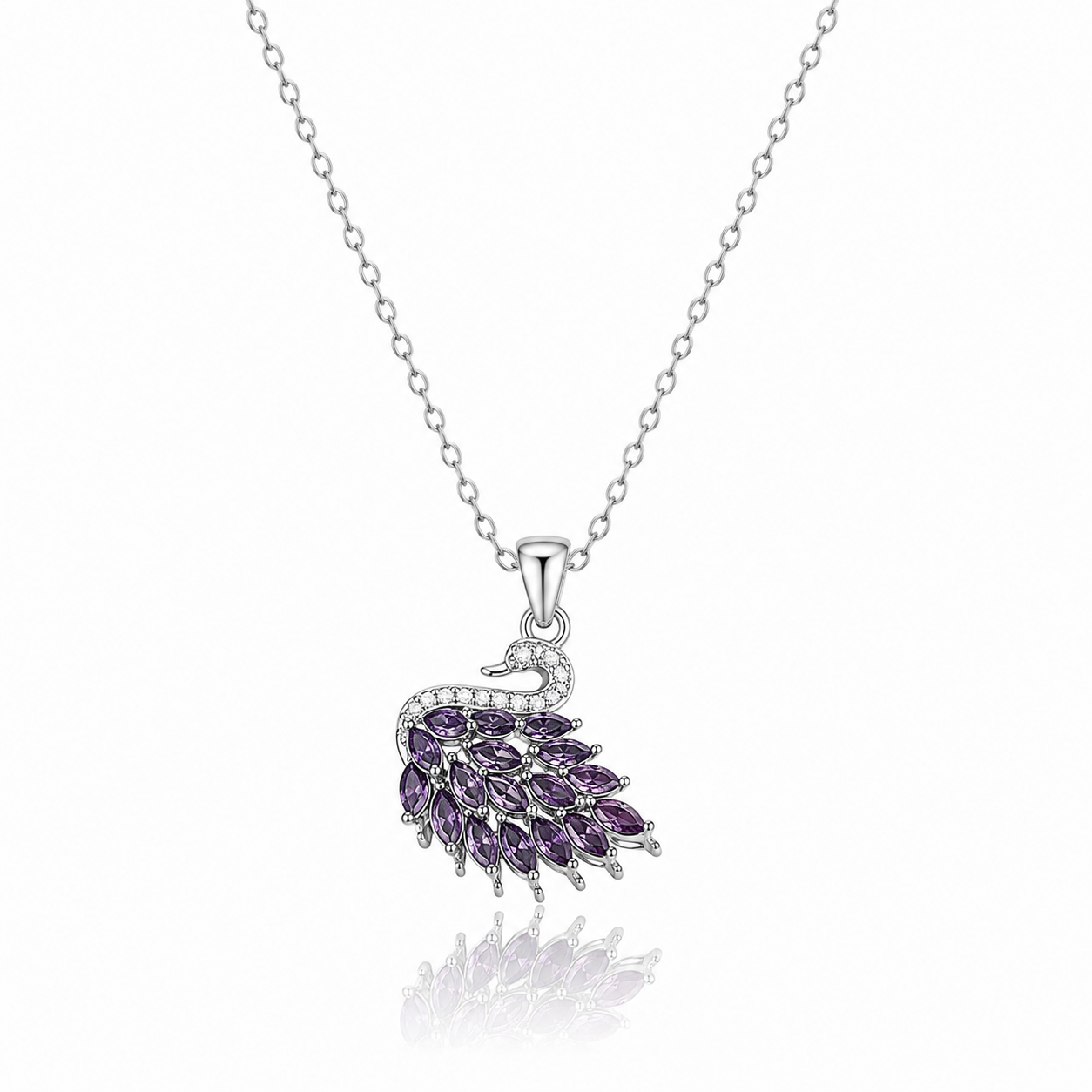 Cygne Necklace silver swan necklace with purple crystals, 18K gold plated stainless steel
