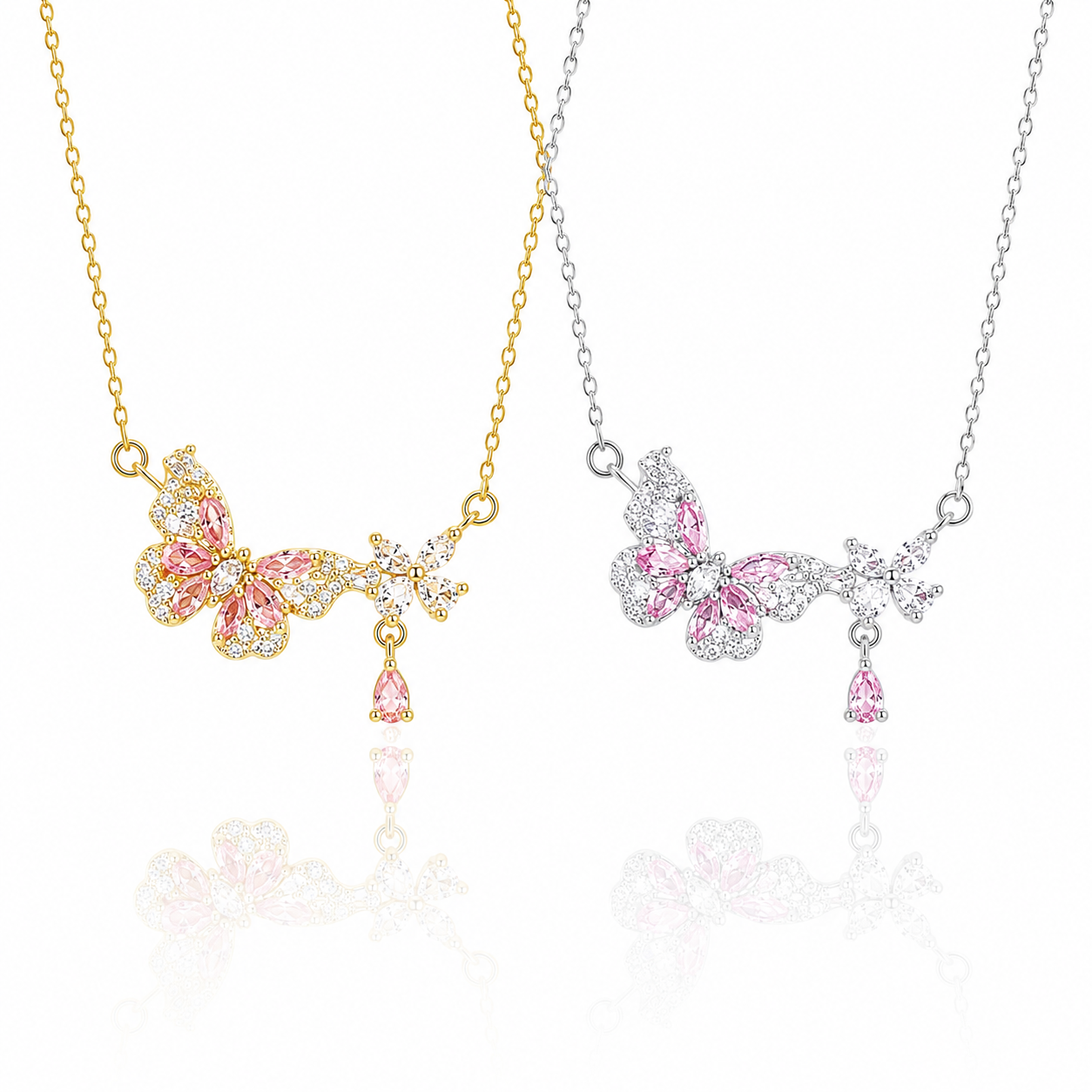 Gold and silver butterfly pendant necklaces with pink zirconia crystals