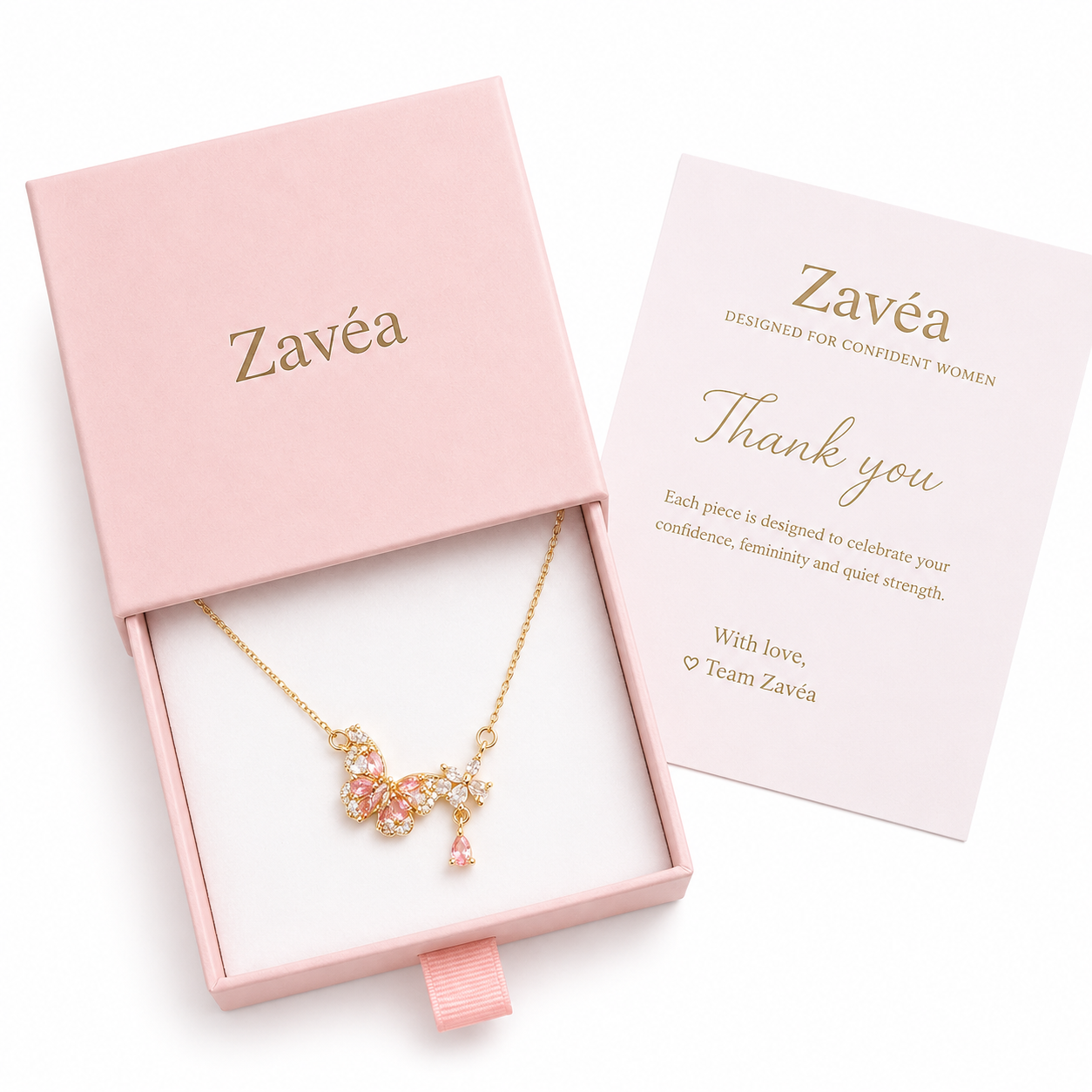 Luxury Zavéa jewelry gift box with gold butterfly necklace and pink zirconia