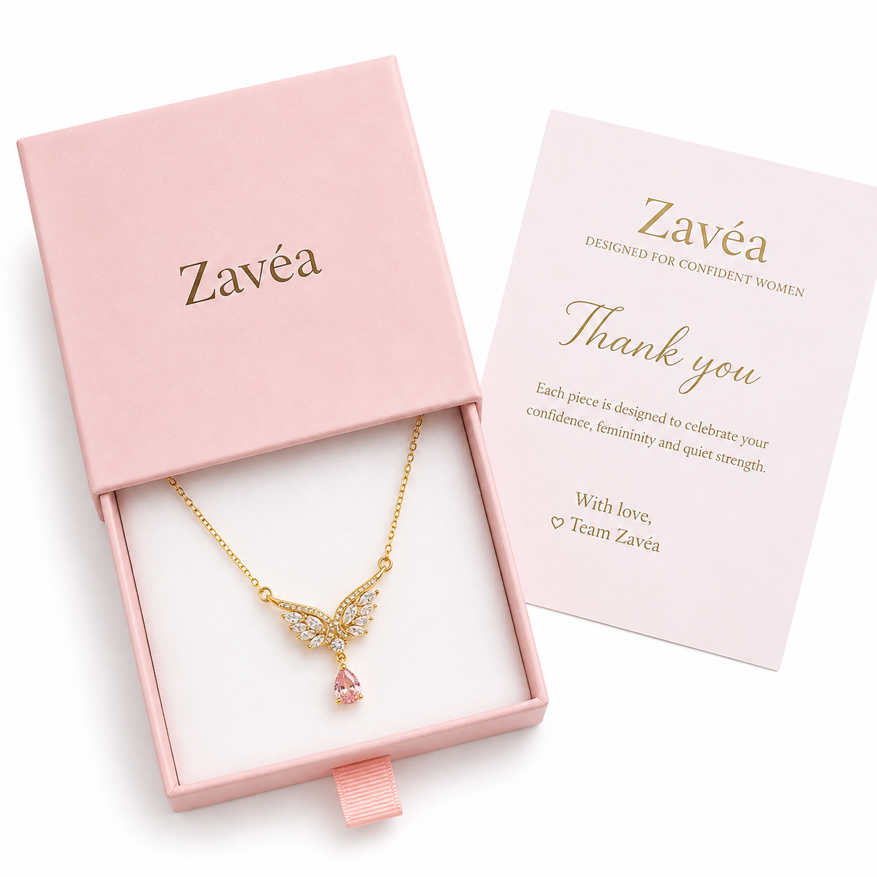 Angel Necklace – gold butterfly necklace with pink crystal pendant, 18K gold plated stainless steel