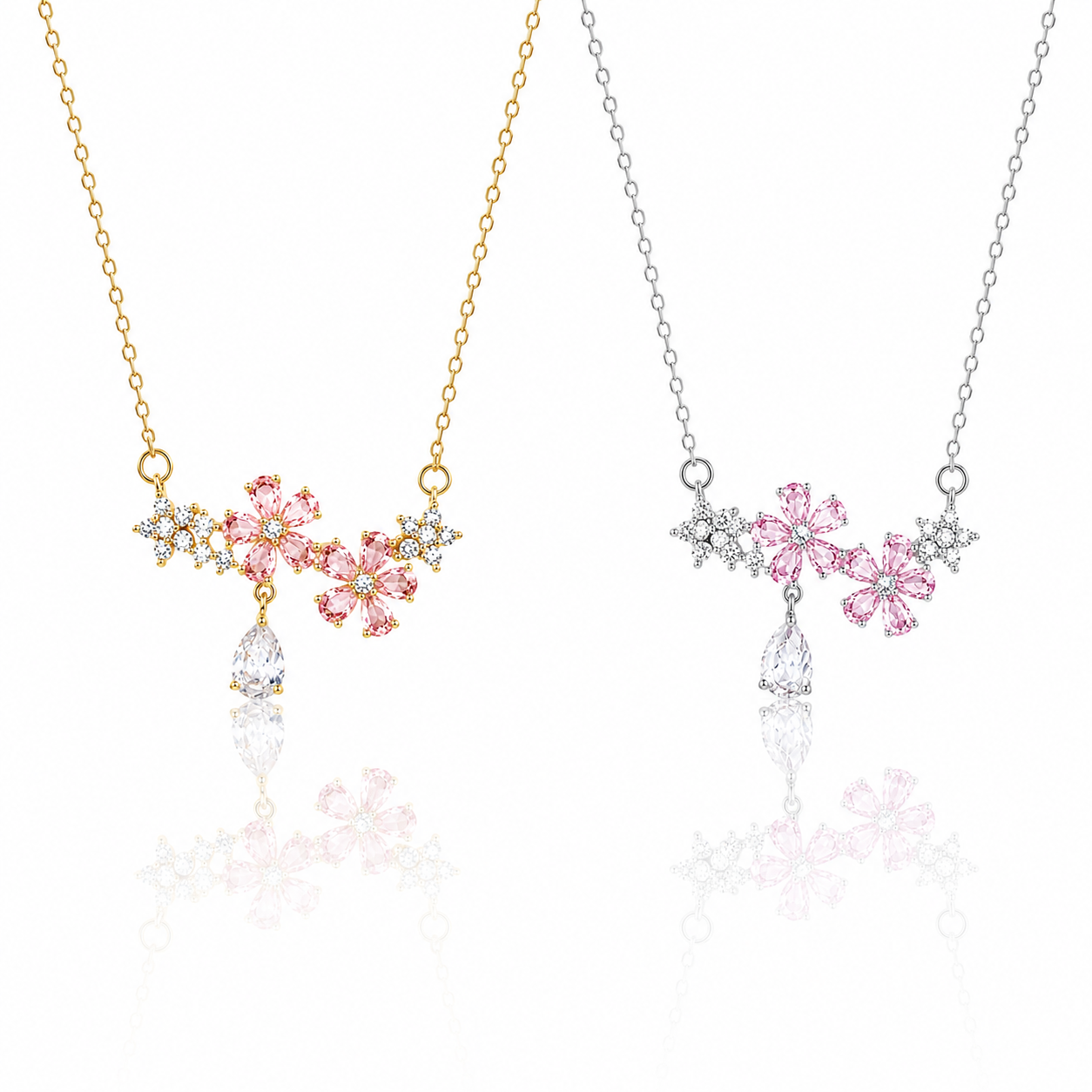 Blossé Necklace featuring pink flower crystals, sparkling cubic zirconia and a pear-shaped pendant, available in 18K gold plated and silver stainless steel