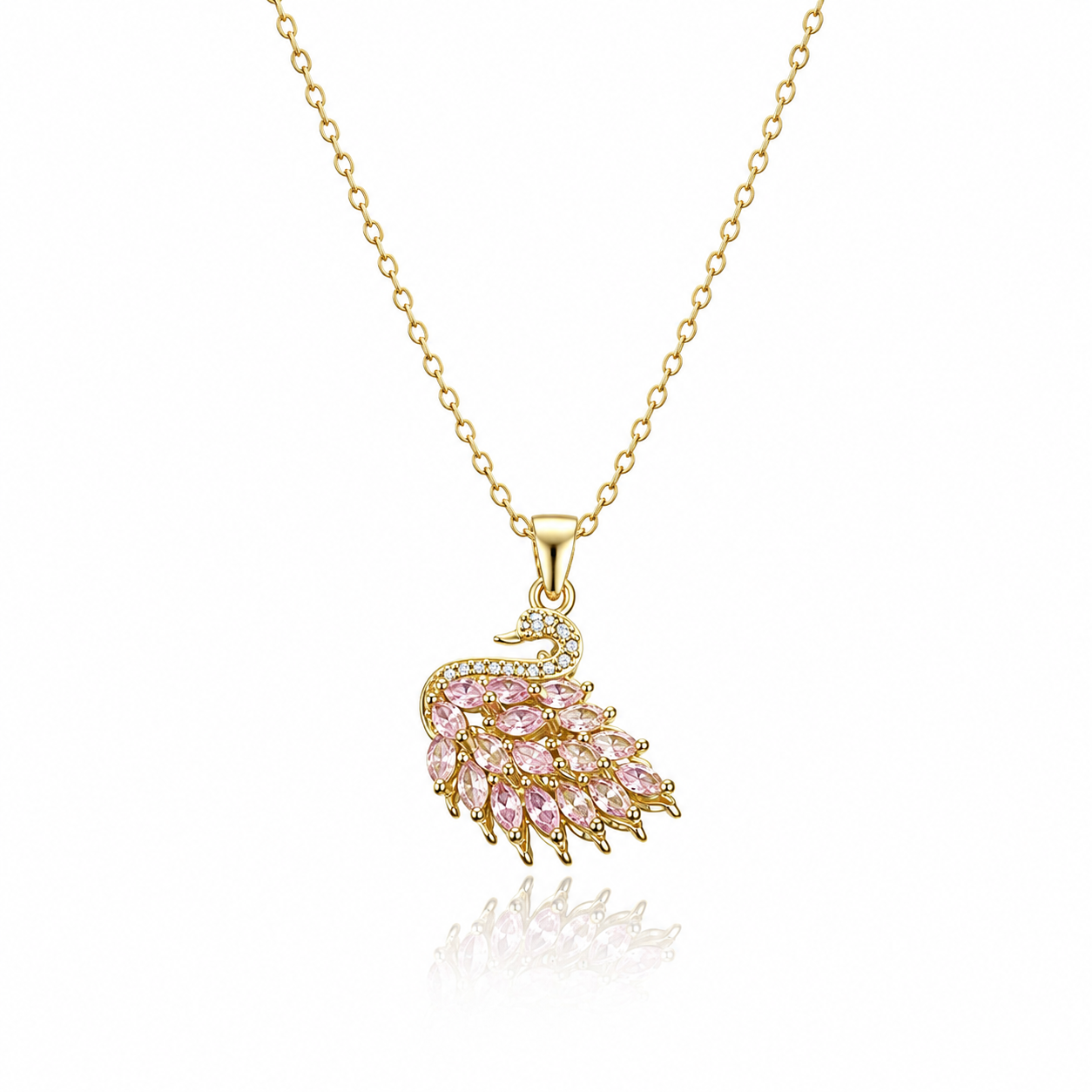 Cygne Necklace – gold swan necklace with pink crystals, 18K gold plated stainless steel
