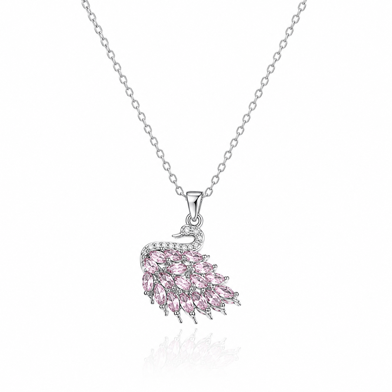 Cygne Necklace silver swan necklace with pink crystals, 18K gold plated stainless steel