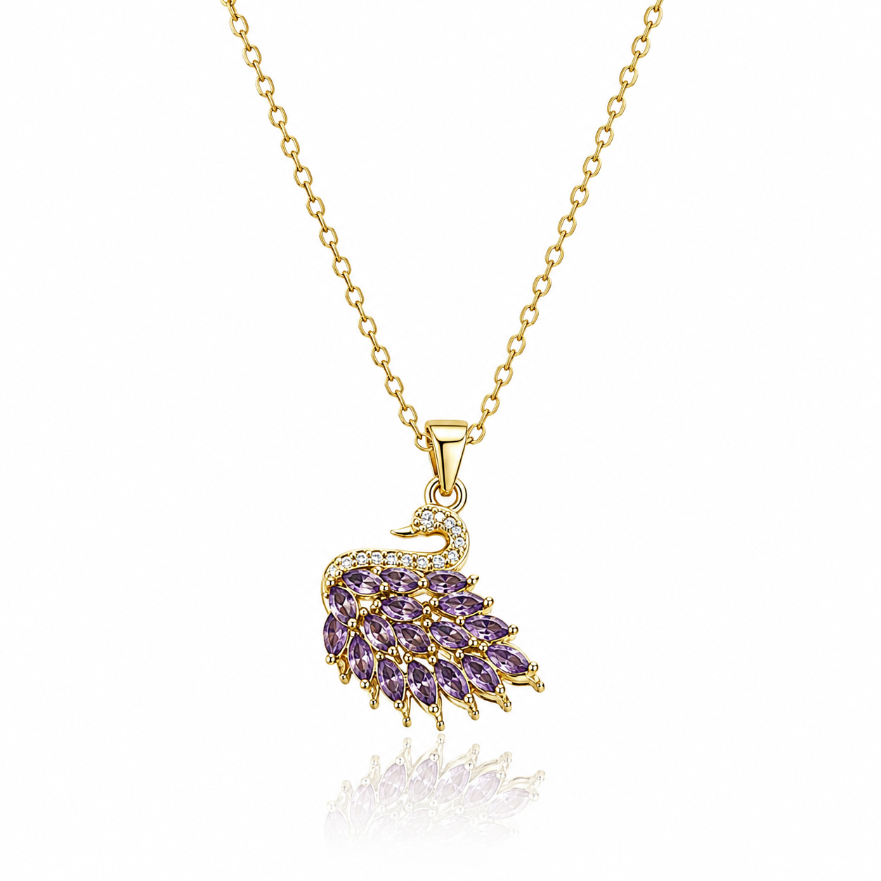 Cygne Necklace gold swan necklace with purple crystals, 18K gold plated stainless steel