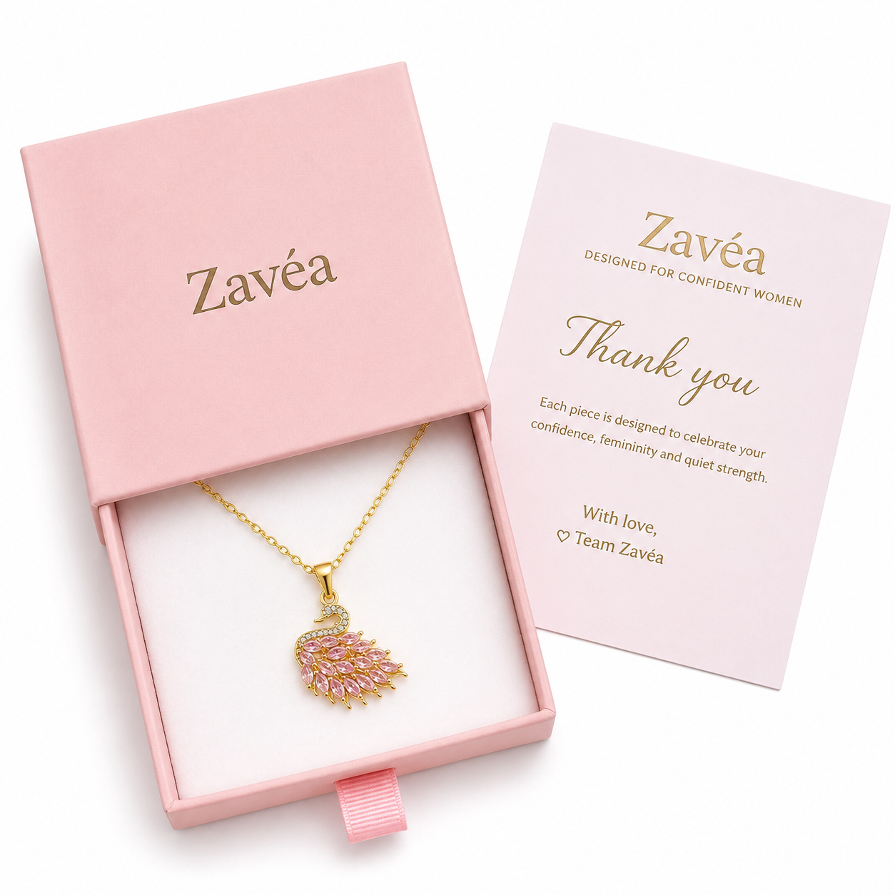 Cygne Necklace in luxury pink jewelry gift box – gold swan necklace with pink crystals, 18K gold plated stainless steel