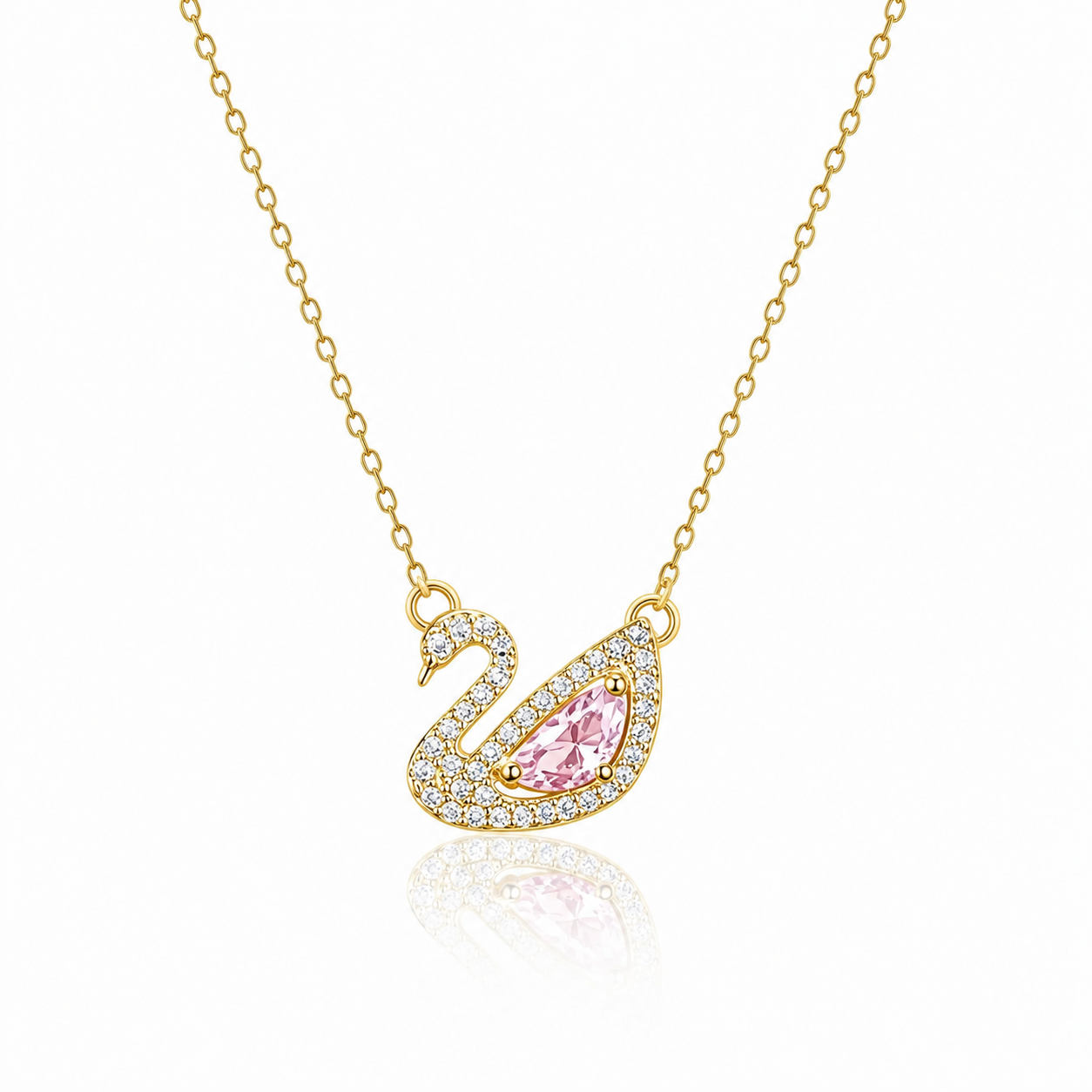 Swané Necklace in 18K gold plated stainless steel featuring a swan pendant with pink marquise crystal and sparkling cubic zirconia