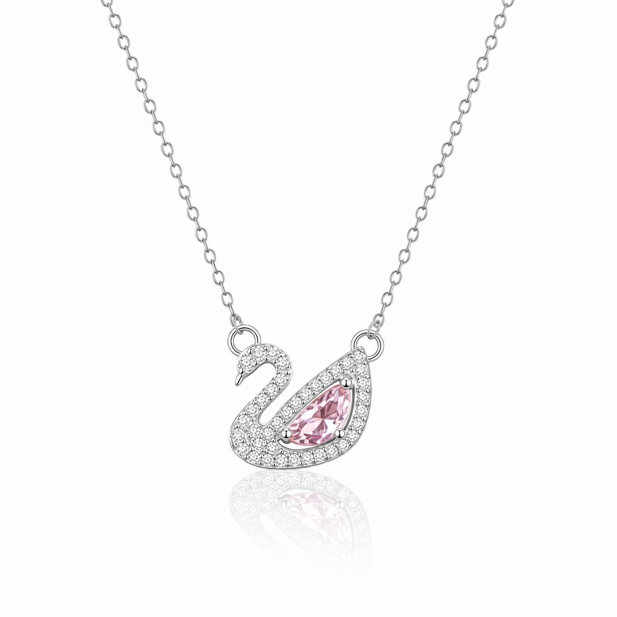 Swané Necklace in silver stainless steel featuring a swan pendant with pink marquise crystal and sparkling cubic zirconia