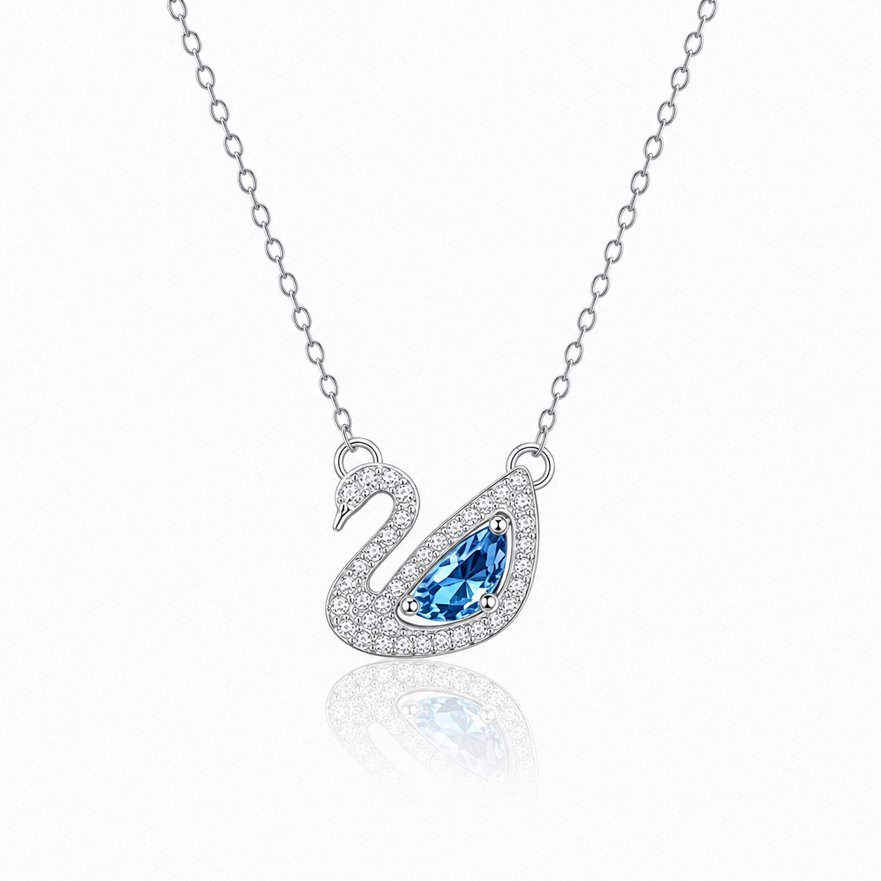 Swané Necklace in silver stainless steel featuring a swan pendant with blue marquise crystal and sparkling cubic zirconia
