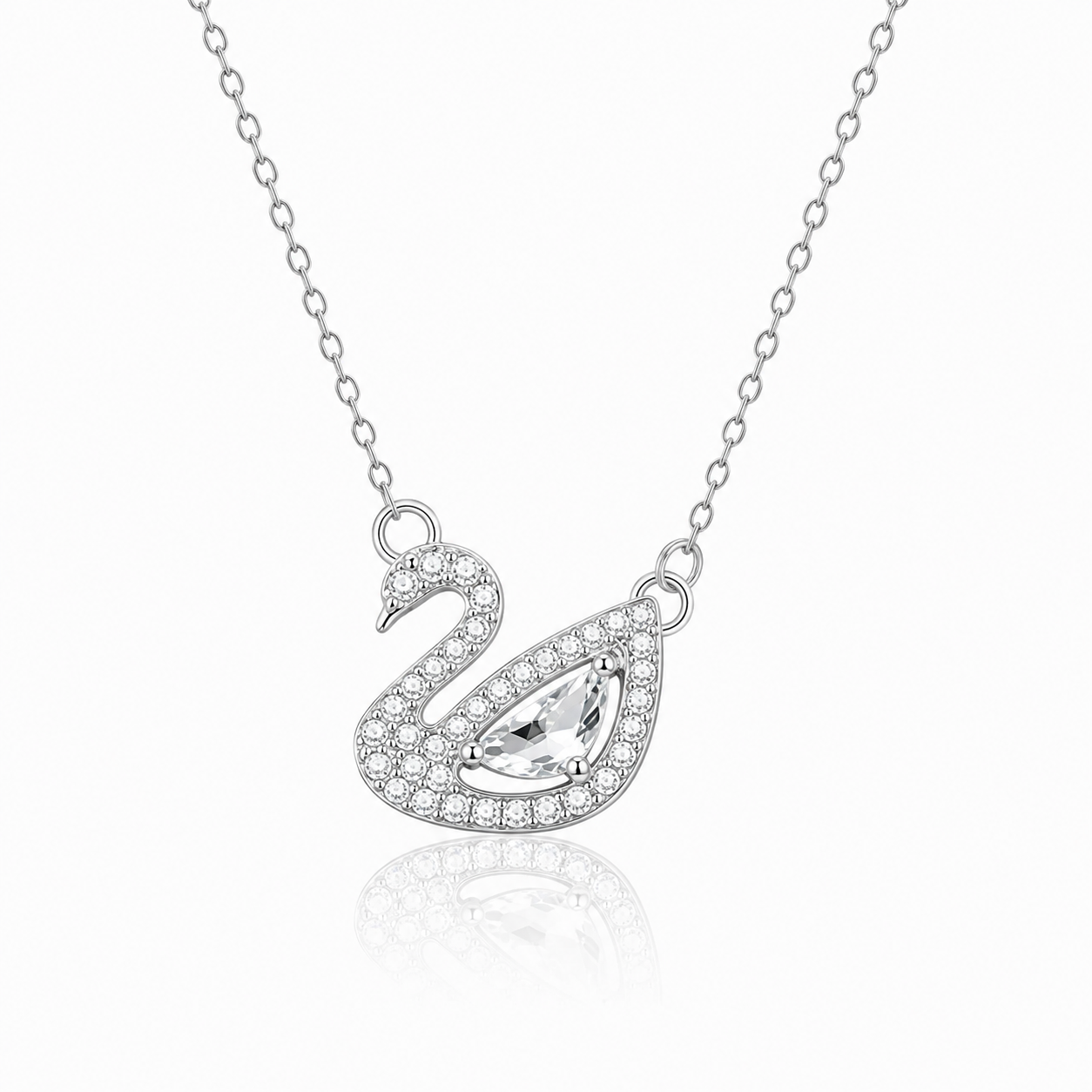 Swané Necklace in silver stainless steel featuring a swan pendant with silver marquise crystal and sparkling cubic zirconia