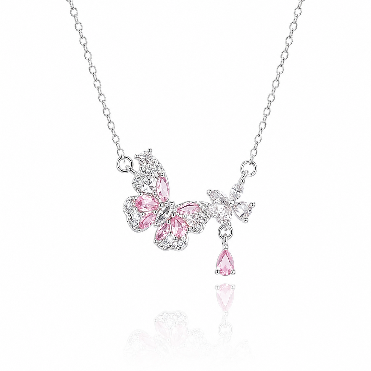 Silver butterfly necklace with pink crystals and floral charm